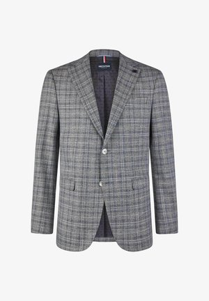 Blazer à carreaux gris avec un col cranté, fermeture à un bouton, deux poches avant et une doublure intérieure à motifs.