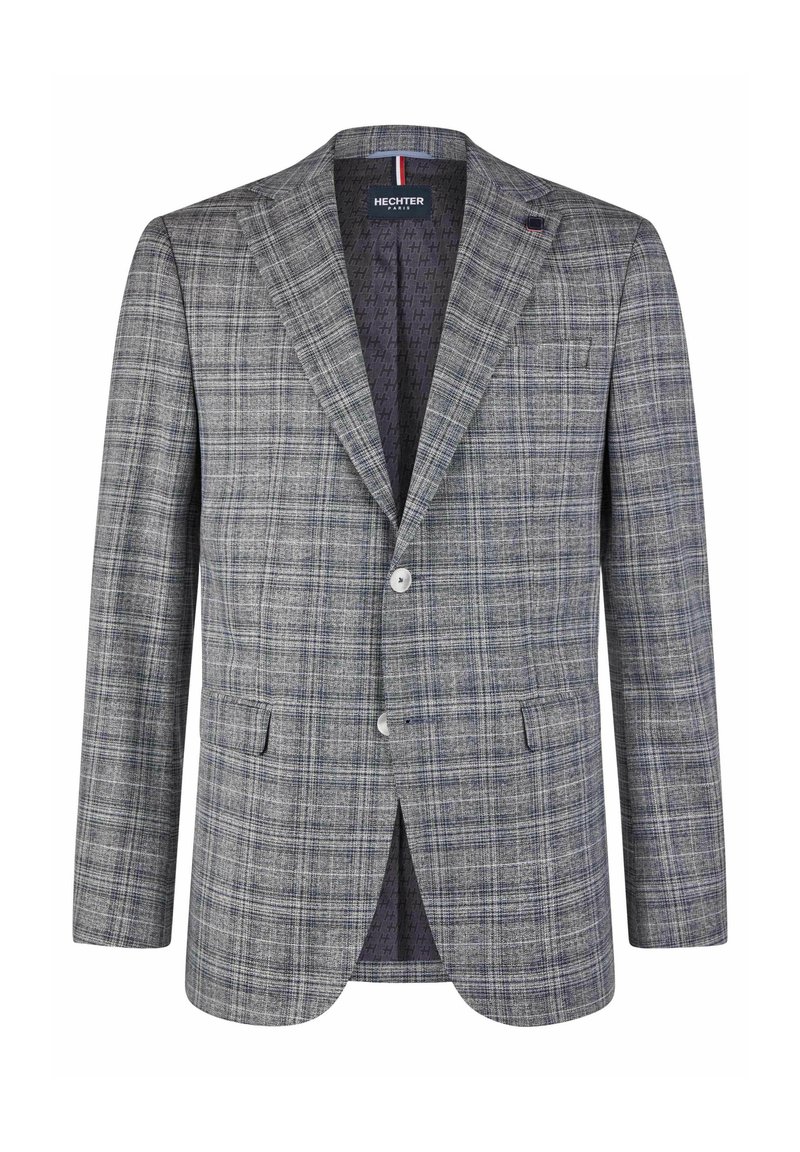 Blazer à carreaux gris avec un col cranté, fermeture à un bouton, deux poches avant et une doublure intérieure à motifs.