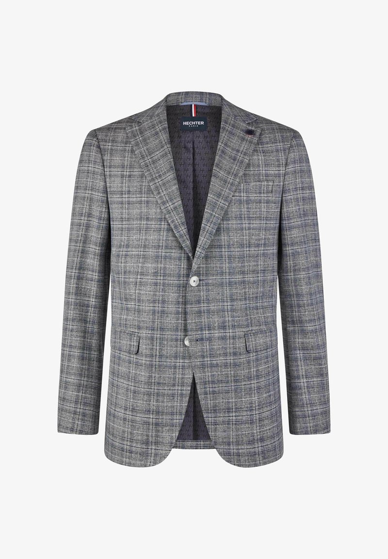 Blazer à carreaux gris avec un col cranté, fermeture à un bouton, deux poches avant et une doublure intérieure à motifs.