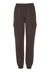Donkerbruine cargo broek met elastische tailleband, voorzien van zijzakken en taps toelopende manchetten voor een relaxte pasvorm. Zachte, gladde stofstructuur.