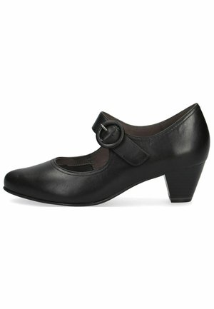 Schwarze Leder-Mary-Jane-Schuhe mit runder Zehenkappe, verstellbarem Riemen mit einer runden Schnalle und einem bescheidenen Blockabsatz.