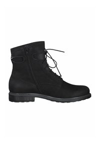 Botas de tobillo de ante negro con punta redonda, cordones al frente y cremallera lateral. Suela plana de goma con detalle de costura a lo largo de las costuras.