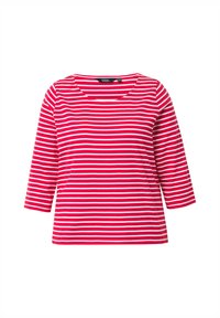 Rot-weißer gestreifter Shirt mit weitem Ausschnitt und Dreiviertelärmeln, aus einem weichen Stoff gefertigt, mit gleichmäßigen horizontalen Linien.