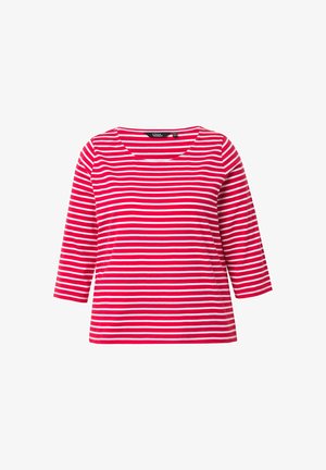 Rot-weißer gestreifter Shirt mit weitem Ausschnitt und Dreiviertelärmeln, aus einem weichen Stoff gefertigt, mit gleichmäßigen horizontalen Linien.