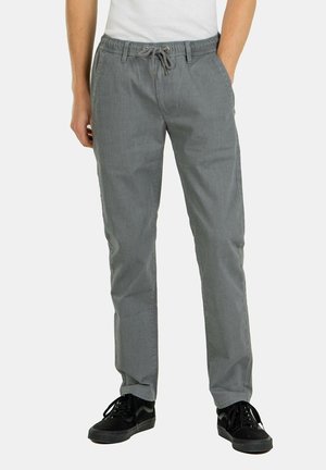 Graue Freizeitpants mit elastischem Bund und Kordelzug. Hergestellt aus leichtem Stoff, mit Seitentaschen und einer lockeren Passform.