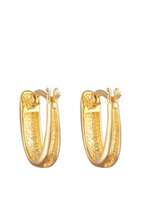 Boucles d'oreilles en métal doré avec une surface texturée, présentant un design de fermoir unique ressemblant à une forme organique. Bords lisses et arrondis.