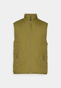 Olivgrüner, gestepptes West mit hohem Kragen, Frontreißverschluss und zwei seitlichen Taschen. Glatte Textur, minimalistisches Design, leichtes Material.