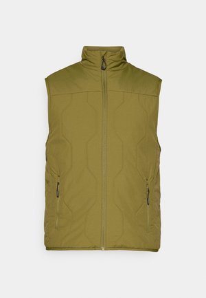 Olijfgroene, gevoerde gilet met hoge kraag, voorritssluiting en twee zijzakken. Gladde textuur, minimalistisch ontwerp, lichtgewicht stof.