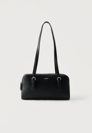Schwarze rechteckige Lederschultertasche mit doppelten Trägern, silbernem Reißverschluss und kleinem "ALDO"-Logo in der Mitte vorne.