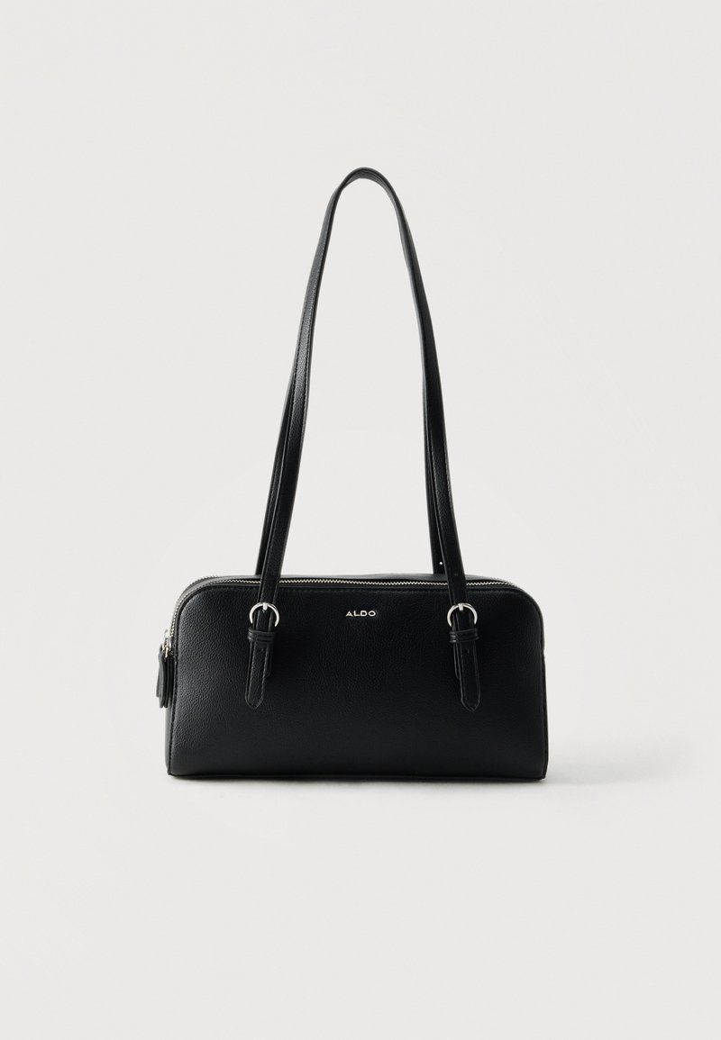 Sac à bandoulière rectangulaire en cuir noir avec doubles anses, fermeture éclair argentée et petit logo « ALDO » au centre devant.