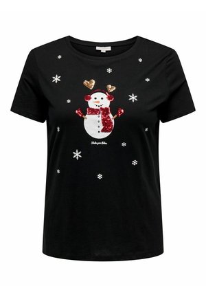 Czarna koszula z krótkim rękawem z cekinowym bałwankiem w czerwonych rękawiczkach, szaliku, nausznikach, złotymi, sercowatymi rogami i białymi płatkami śniegu rozrzuconymi dookoła.