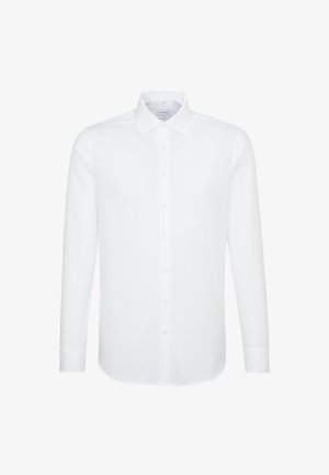 Biała, długa koszula z długim rękawem, wykonana z gładkiego materiału, z klasycznym kołnierzykiem i zapinana na guziki perłowe.