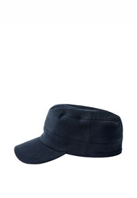 Mørkeblå bomullskaps med en flat, bred skjerm og en rund topp. Har en ribbet tekstur og en strukturert design.