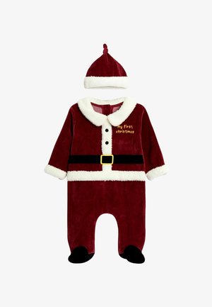 Roter Velours Babystrampler mit weißem Kunstfellkragen und -manschetten, schwarzem Gürtel, goldener Schnalle und "mein erstes Weihnachten" Stickerei. Inklusive passendem Hut.