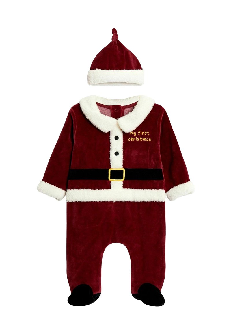 Jumpsuit per neonato in velluto rosso con colletto e polsini in ecopelliccia bianca, cintura nera, fibbia dorata e ricamo "il mio primo Natale". Include cappellino abbinato.