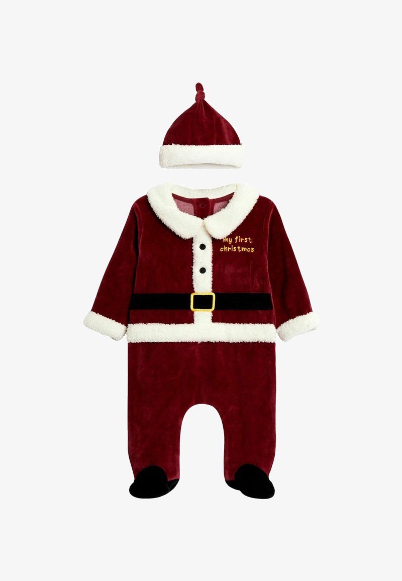 Jumpsuit per neonato in velluto rosso con colletto e polsini in ecopelliccia bianca, cintura nera, fibbia dorata e ricamo "il mio primo Natale". Include cappellino abbinato.