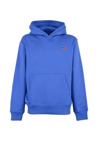 Felpa con cappuccio blu, dotata di tasca frontale, realizzata in tessuto liscio, con un piccolo logo rosso e bianco sul lato superiore sinistro.