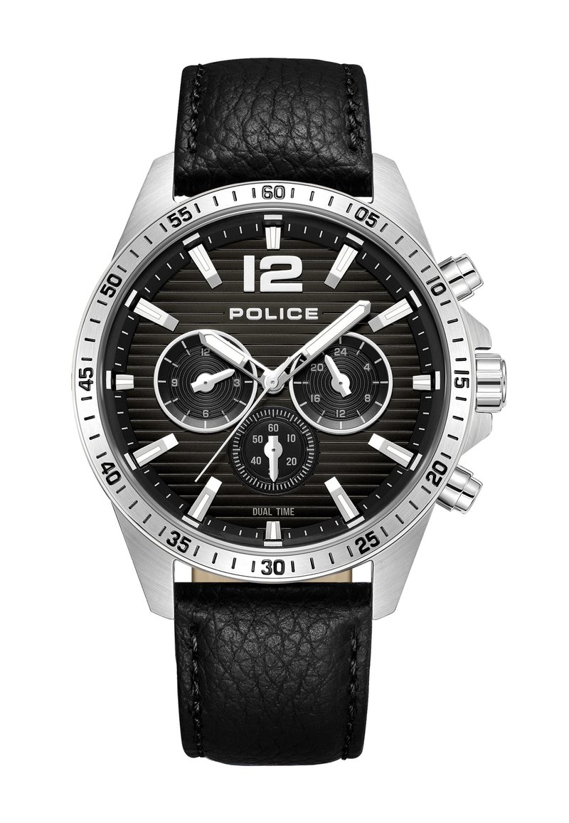 Čierne kožené remienkové hodinky so strieborným puzdrom z nehrdzavejúcej ocele. Čierny textúrovaný ciferník s bielymi hodinovými značkami a dvoma subciferníkmi na zobrazenie dvojitého času.