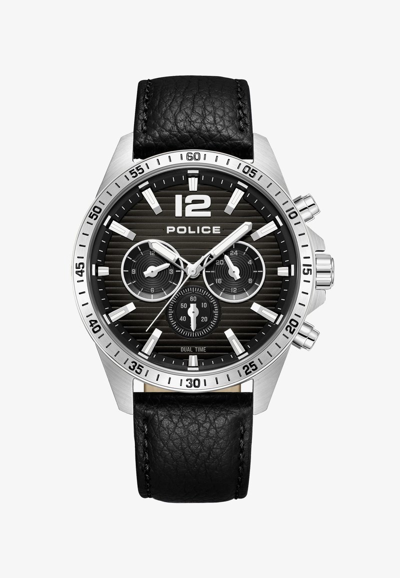Čierne kožené remienkové hodinky so strieborným puzdrom z nehrdzavejúcej ocele. Čierny textúrovaný ciferník s bielymi hodinovými značkami a dvoma subciferníkmi na zobrazenie dvojitého času.