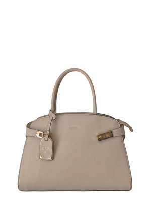Beige Lederhandtasche mit doppelten Griffen, goldenen Schnallenakzenten und einem GMV Grinmarco Venturi Logoanhänger an der Seite.