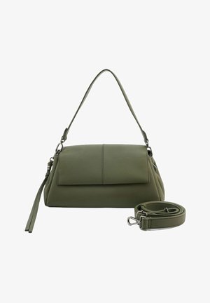 Sac à main en cuir vert avec un design structuré, un rabat avant, une poignée supérieure et une bandoulière ajustable. Détails de couture et de quincaillerie remarquables.