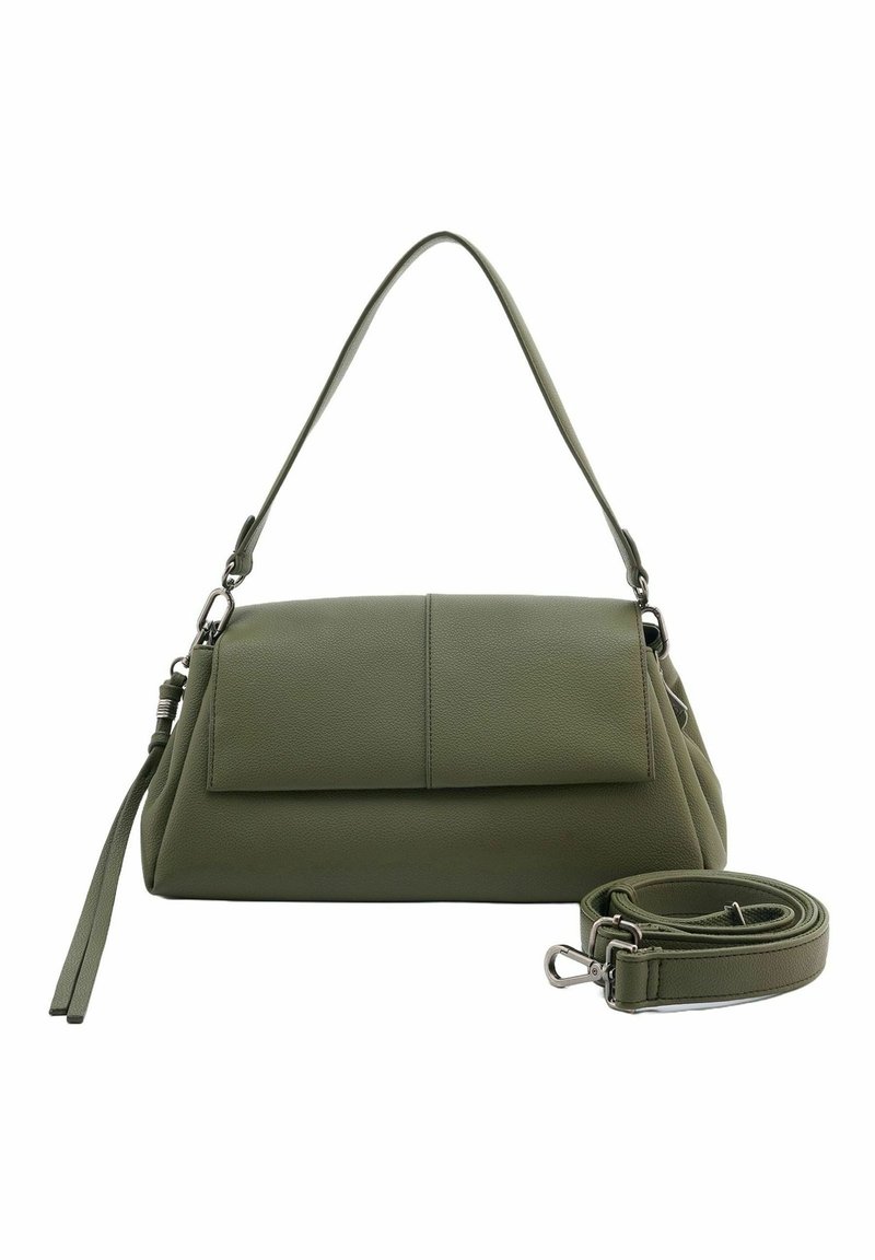 Sac à main en cuir vert avec un design structuré, un rabat avant, une poignée supérieure et une bandoulière ajustable. Détails de couture et de quincaillerie remarquables.