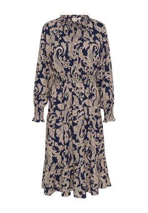 Navy blue dress featuring a beige paisley pattern, long sleeves with ruffled cuffs, a round neckline, and an elastic waistline.