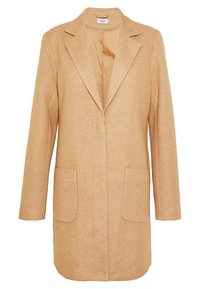Blazer largo beige hecho de tela texturizada, con cuello de muesca, dos bolsillos frontales y un diseño de frente abierto.