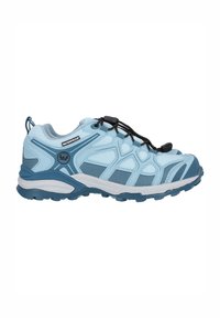 Light blue waterproof shoes with mesh and synthetic upper, featuring black accents, a flexible sole, and a lace-lock system for secure fit.