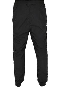 Schwarze Cargo-Hose aus leichtem Material. Mit elastischem Bund, Seitentaschen und gerippten Bündchen. Glatte Textur mit minimaler Detailgestaltung.