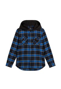 Ruudullinen flanellipaita mustana ja sinisenä mustalla hupulla. Ominaisuuksiin kuuluu kaksi rintataskua ja napitus edessä. Pehmeä tekstuuri ja rento istuvuus.