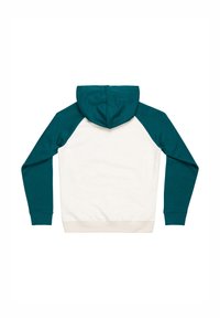 Sudadera con capucha de color crema en el cuerpo y mangas raglán en color verde azulado. Presenta un bolsillo tipo canguro y puños y dobladillo de canalé. Textura suave de mezcla de algodón.