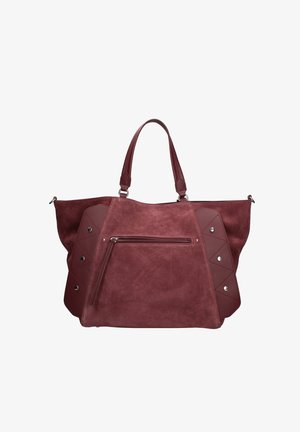Grote bordeauxrode handtas met dubbele handgrepen, suède voorpaneel, ritsvak en geniete doorgestikte leren zijaccenten.