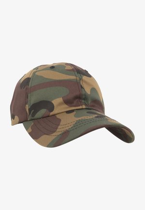 Kamerán kívüli sapka, lekerekített koronával, ívelt virágzattal, zöld, barna és bézs színű mintákkal. Szövetből készült, látható varrásokkal.