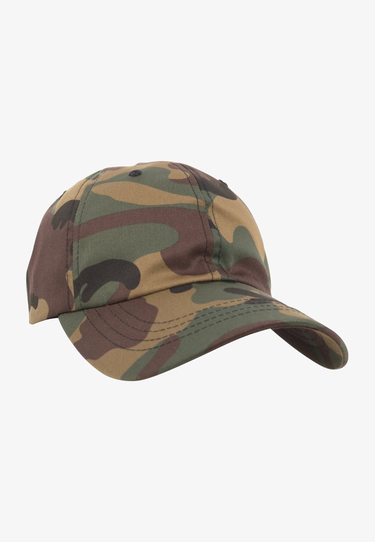 Camouflage cap featuring a rounded crown, curved brim, and patterns in green, brown, and beige tones. Made of fabric with visible stitching.