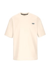 Crème-kleurig katoenen t-shirt met korte mouwen, ronde halslijn en een blauwe geborduurde tekst "SUMMER VIBES" op de borst. Eenvoudig ontwerp.