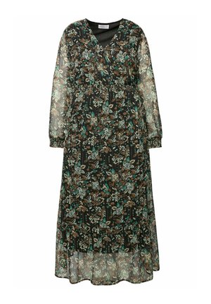 Maxi jurk van doorschijnende zwarte stof met bloemmotieven in teal en bruin. Heeft lange mouwen, een V-hals en een elastische taille.