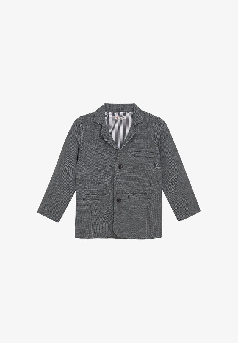 Szary żakiet dla dzieci z dwoma guzikami, klapami, trzema przednimi kieszeniami i paskowanym podszewką.