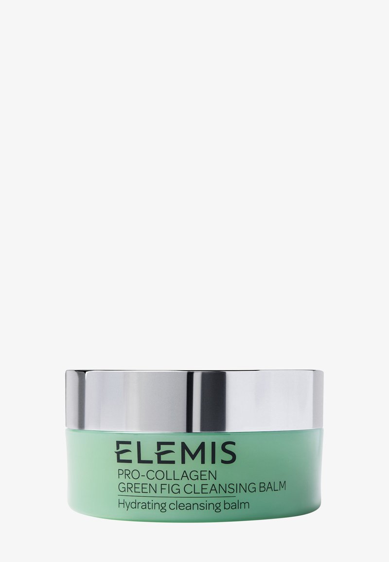 Tarro verde de bálsamo limpiador Elemis Pro-Collagen Green Fig con tapa plateada para el cuidado hidratante de la piel facial.