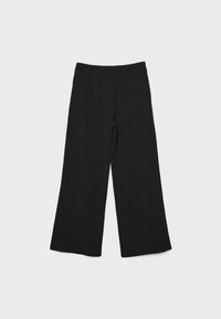 Sorte vidde bukser lavet af blødt stof med elastisk talje. Funktioner en afslappet pasform uden lommer. Glat tekstur, minimalistisk design.