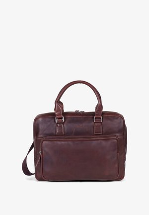 Brun læder aktetaske med dobbelte top-håndtag, frontlomme med lynlås og detaljer i sølvfarvet metal. Elegant design med en glat tekstur.