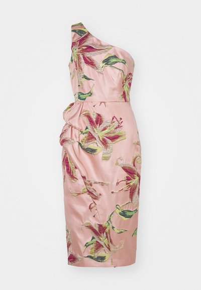 One-shoulder dress in pink satin, featuring large floral patterns in green and burgundy. Ruching detail at the waist adds texture.