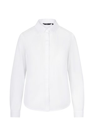 Biała koszula z długim rękawem, klasycznym kołnierzykiem, zapinana na guziki z tapered cuffs. Gładki materiał o subtelnym połysku. Dopasowany krój.