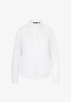 Biała koszula z długim rękawem, klasycznym kołnierzykiem, zapinana na guziki z tapered cuffs. Gładki materiał o subtelnym połysku. Dopasowany krój.