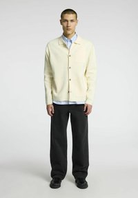 Light yellow cardigan with a pocket and buttons, worn over a blue shirt, paired with wide black pants and black shoes. Smooth texture.