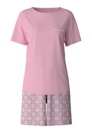 Pink cotton t-shirt with short sleeves and a chest pocket, paired with patterned shorts in pink and green floral design.