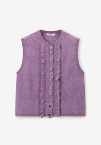 Gilet sans manches tricoté violet avec fermeture à boutons sur le devant et bordure froncée le long de la ligne des boutons, encolure ronde et bords côtelés.