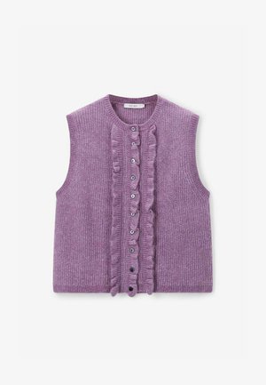 Paarse gebreide mouwloze vest met een sluiting van knopen aan de voorkant en een gerimpelde rand langs de knopenrij, ronde halslijn en geribbelde randen.