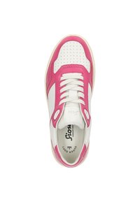 Witte sneaker met roze accenten, voorzien van perforaties in de neus, ronde veters en een rubberen zool. Merken op de binnenzool.