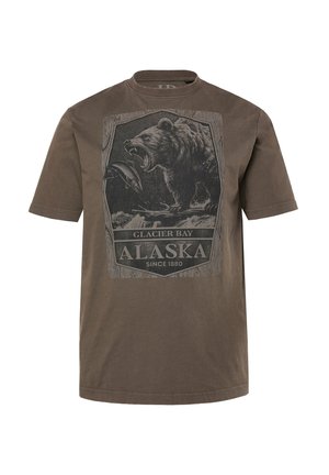 Hnědý tričko s krátkým rukávem s grafikou řvoucího medvěda, který chytá rybu, s nápisem "Glacier Bay Alaska Since 1880."